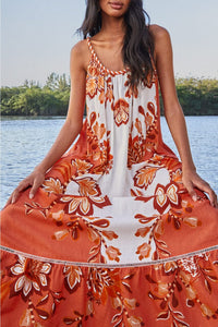 Robe longue Aura à col V en lin - Rouge