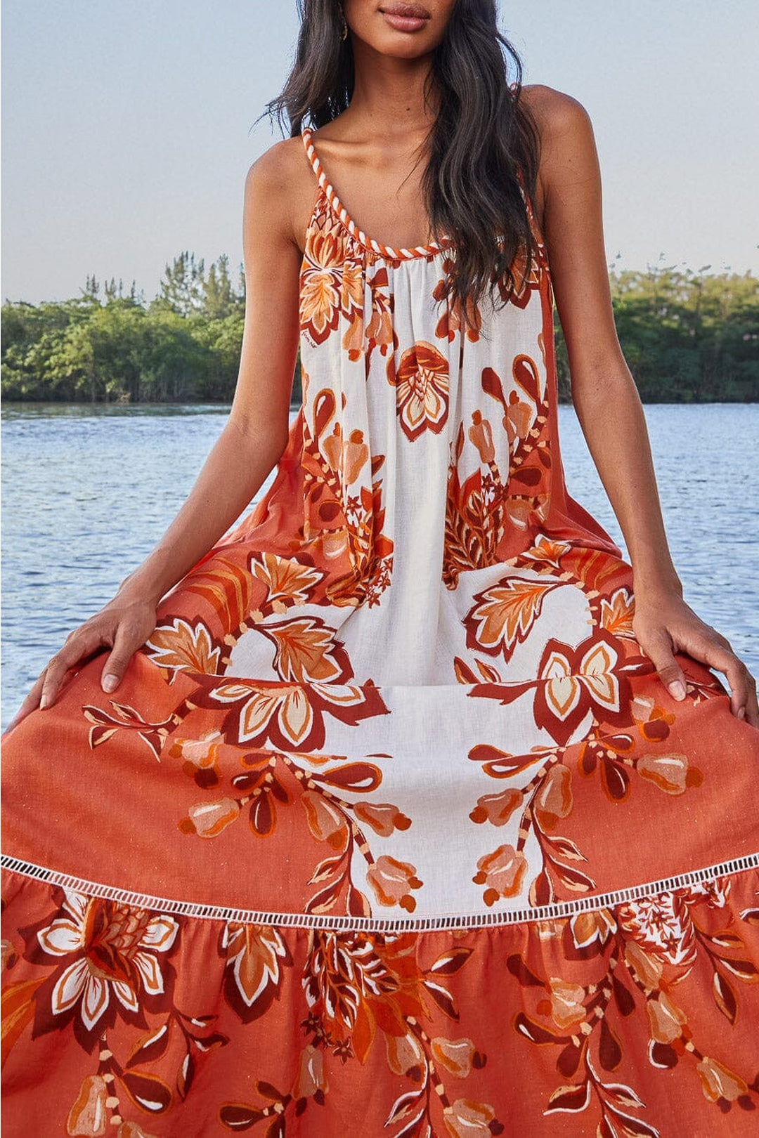 Robe longue Aura à col V en lin - Rouge