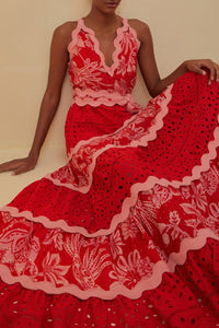 Robe longue Mix Flowerful Birds - Rouge