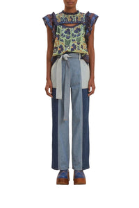 Pantalon à taille nouée en denim - Bleu