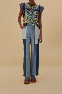 Pantalon à taille nouée en denim - Bleu