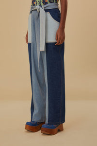 Pantalon à taille nouée en denim - Bleu