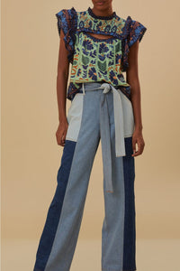Pantalon à taille nouée en denim - Bleu