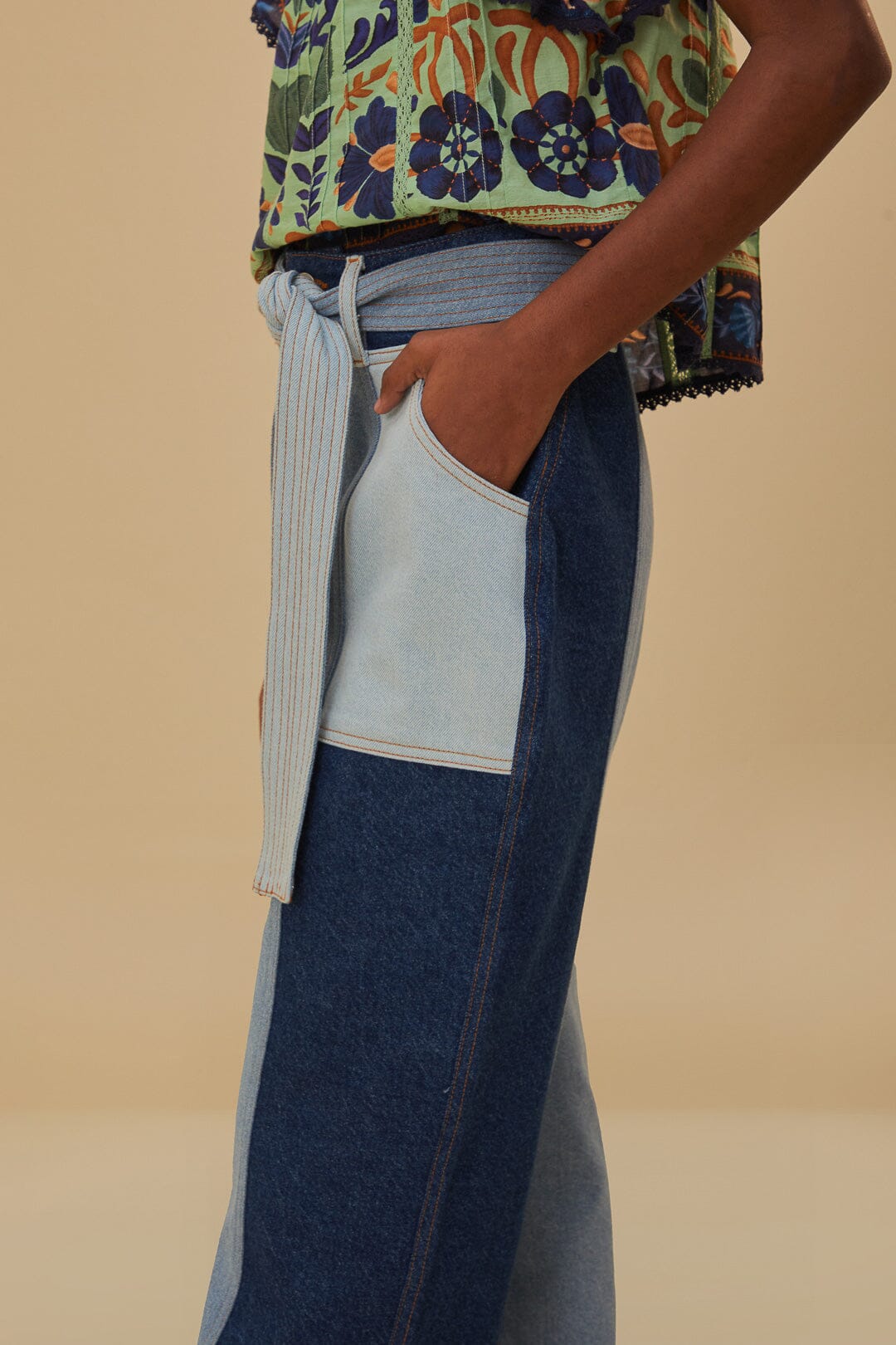 Pantalon à taille nouée en denim - Bleu