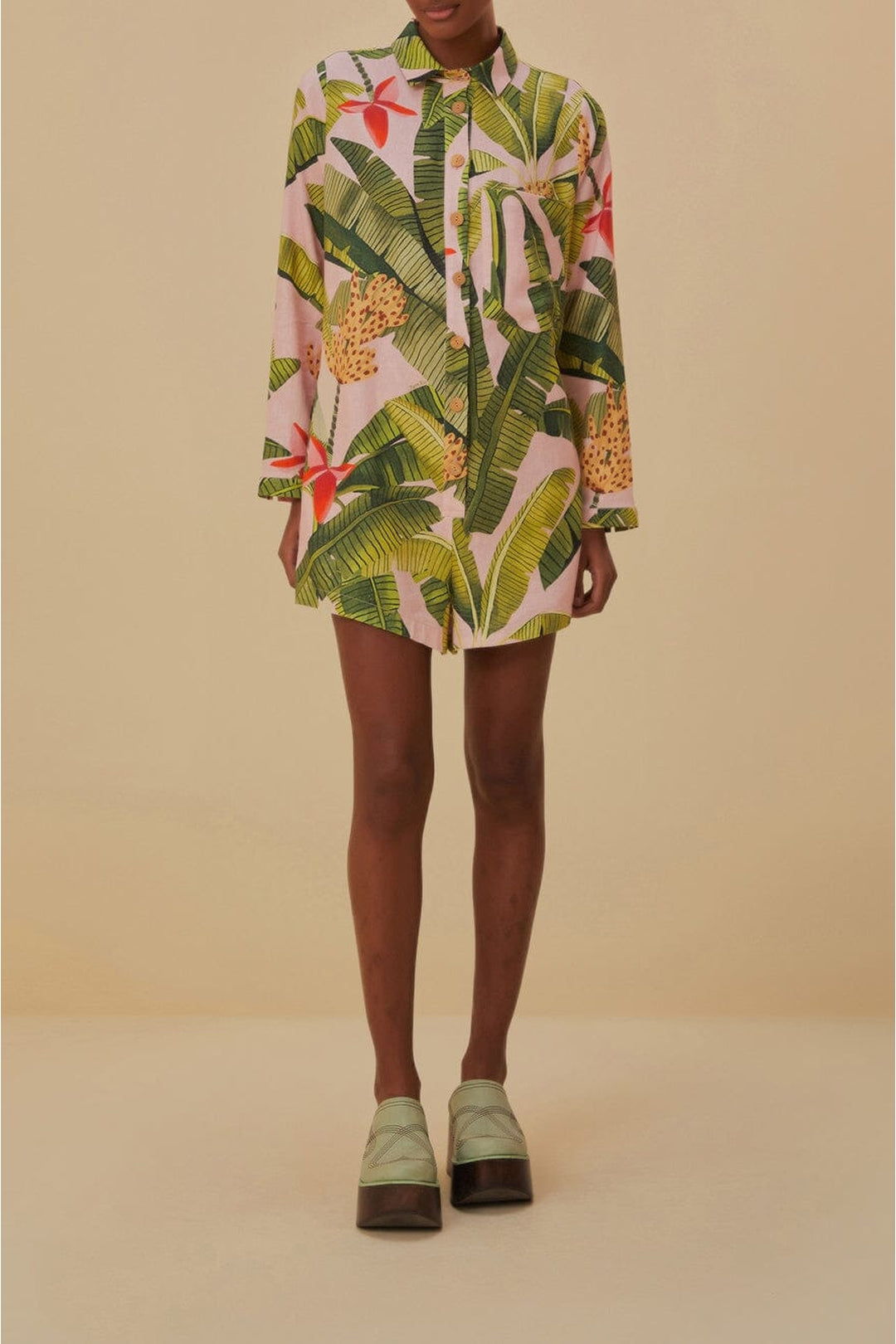 Banana Leaves Linen Playsuit - Pink