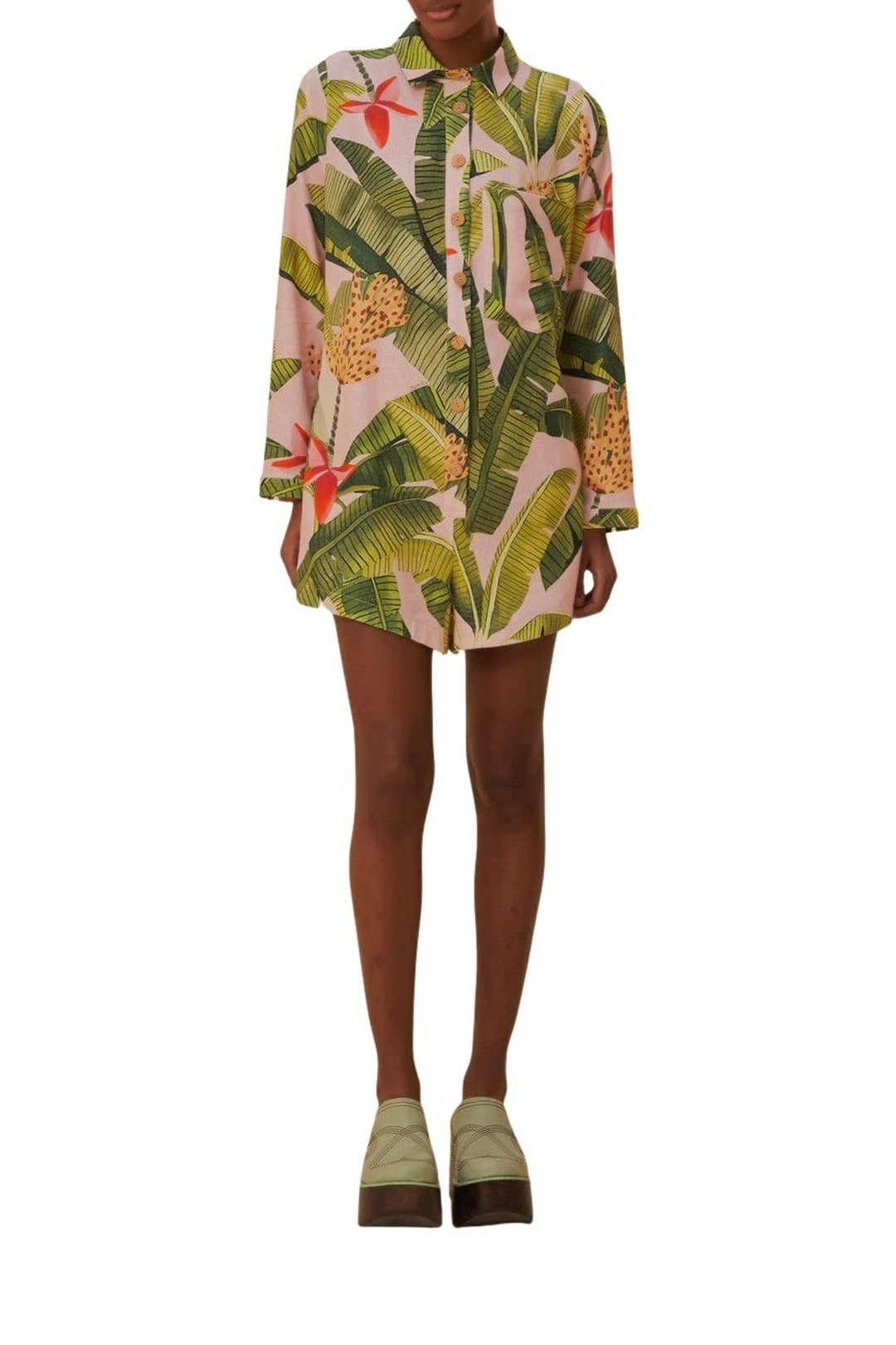 Banana Leaves Linen Playsuit - Pink