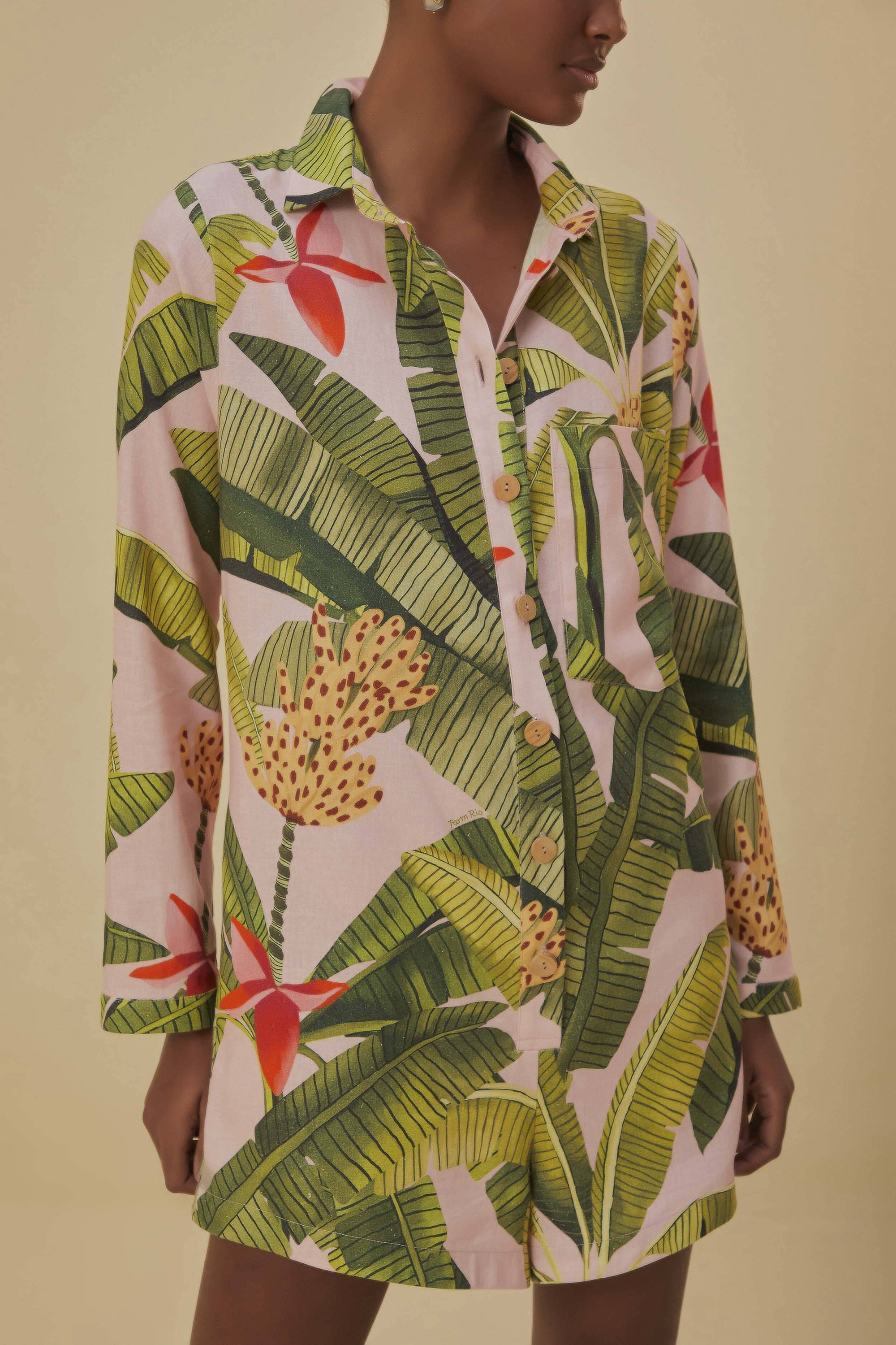 Banana Leaves Linen Playsuit - Pink