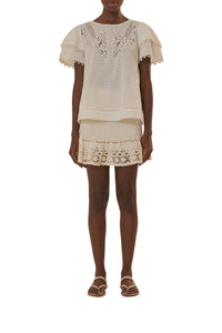 Blouse à manches courtes ajourée - Blanc