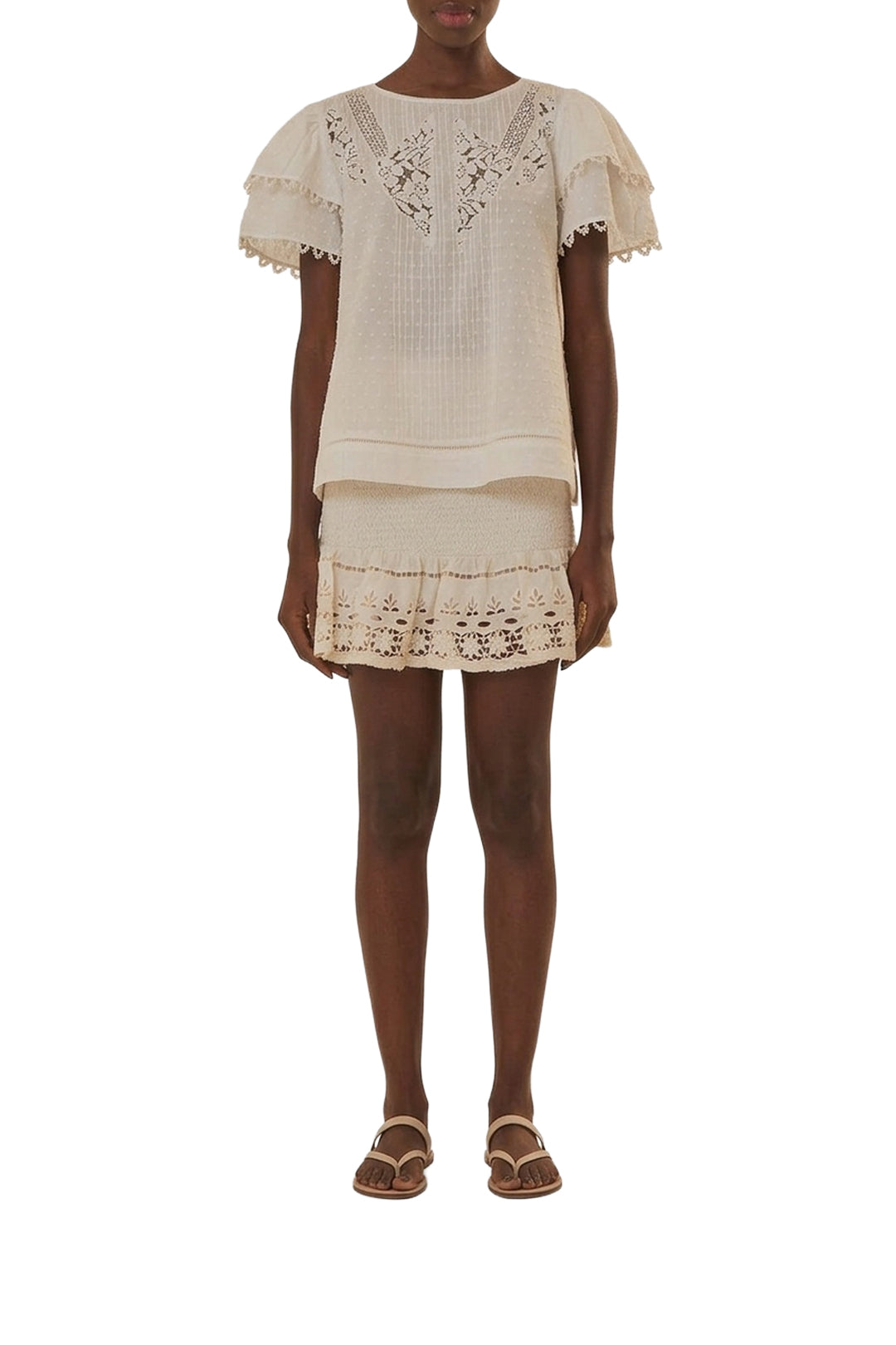 Blouse à manches courtes ajourée - Blanc