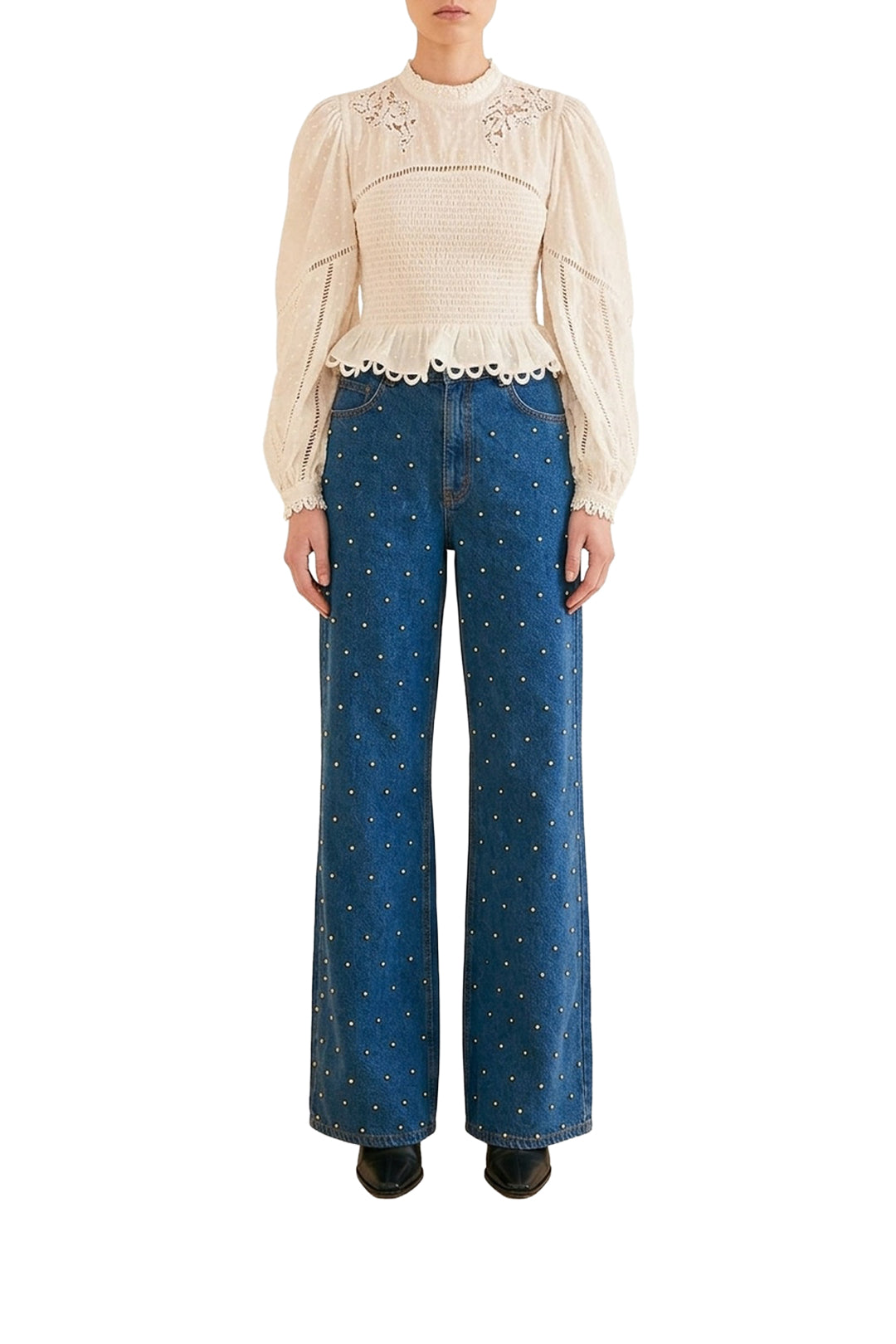 Blouse ajourée à manches bouffantes - Blanc