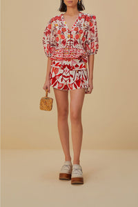 Blouse courte Verger romantique en coton - Rouge