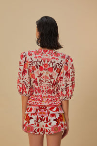 Blouse courte Verger romantique en coton - Rouge
