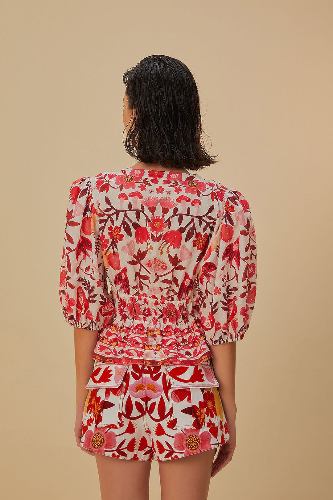 Blouse courte Verger romantique en coton - Rouge