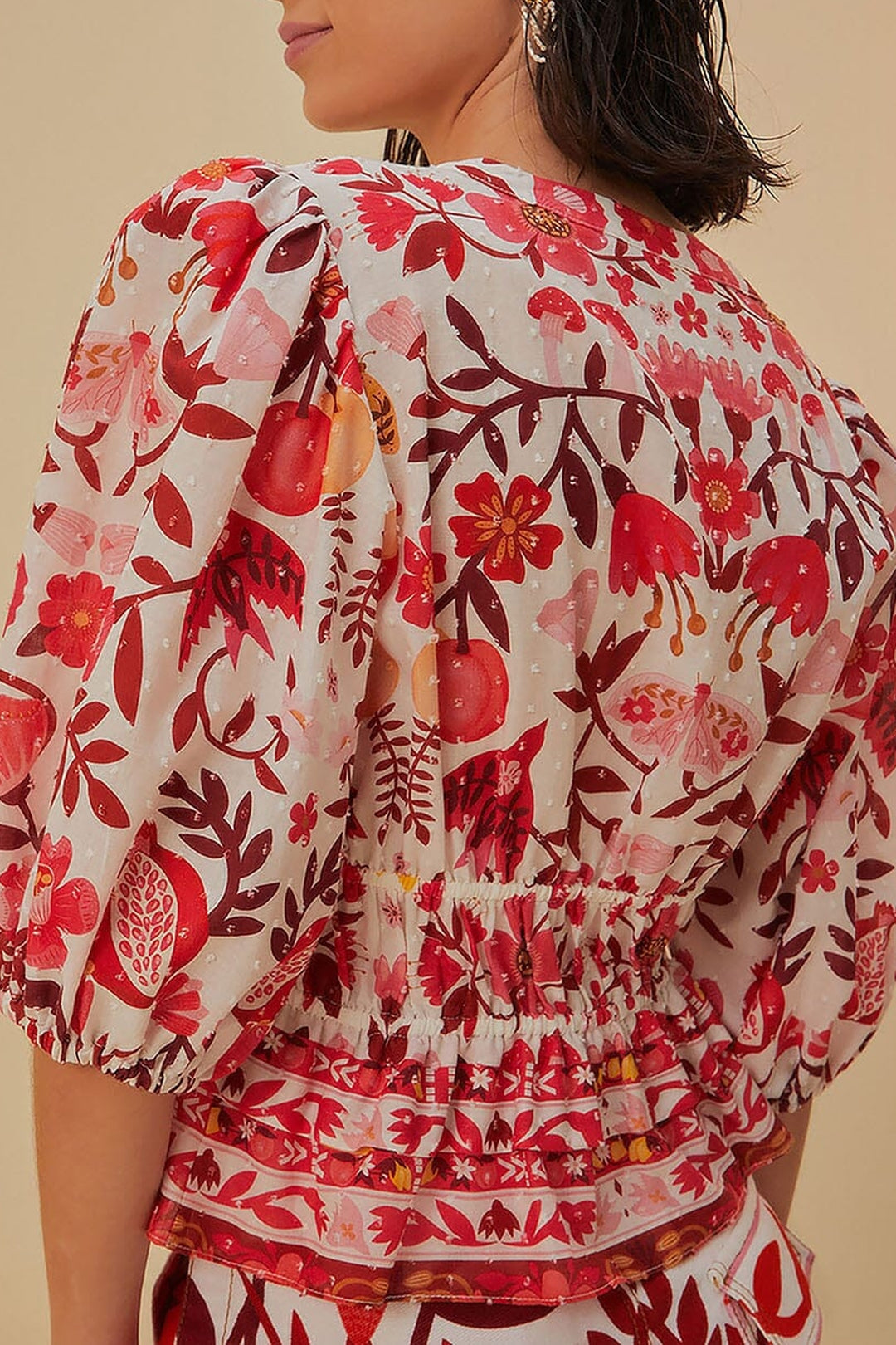 Blouse courte Verger romantique en coton - Rouge