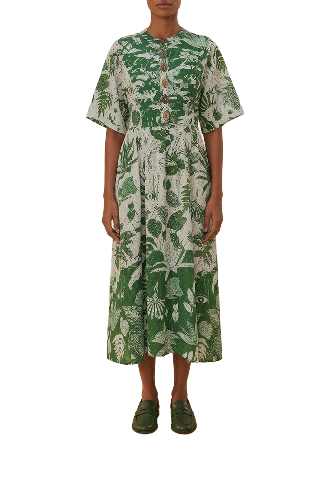 Robe midi à manches courtes âme de la forêt en coton - Vert