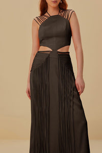Midi dress with fringed straps - Brown