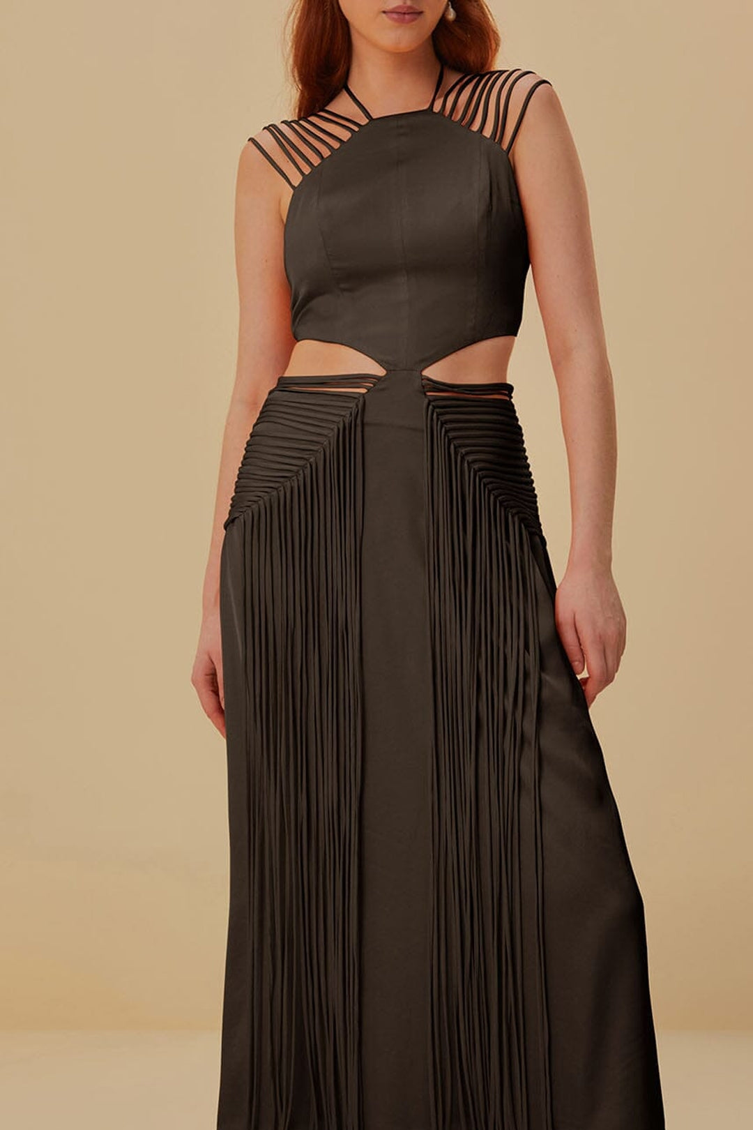 Midi dress with fringed straps - Brown