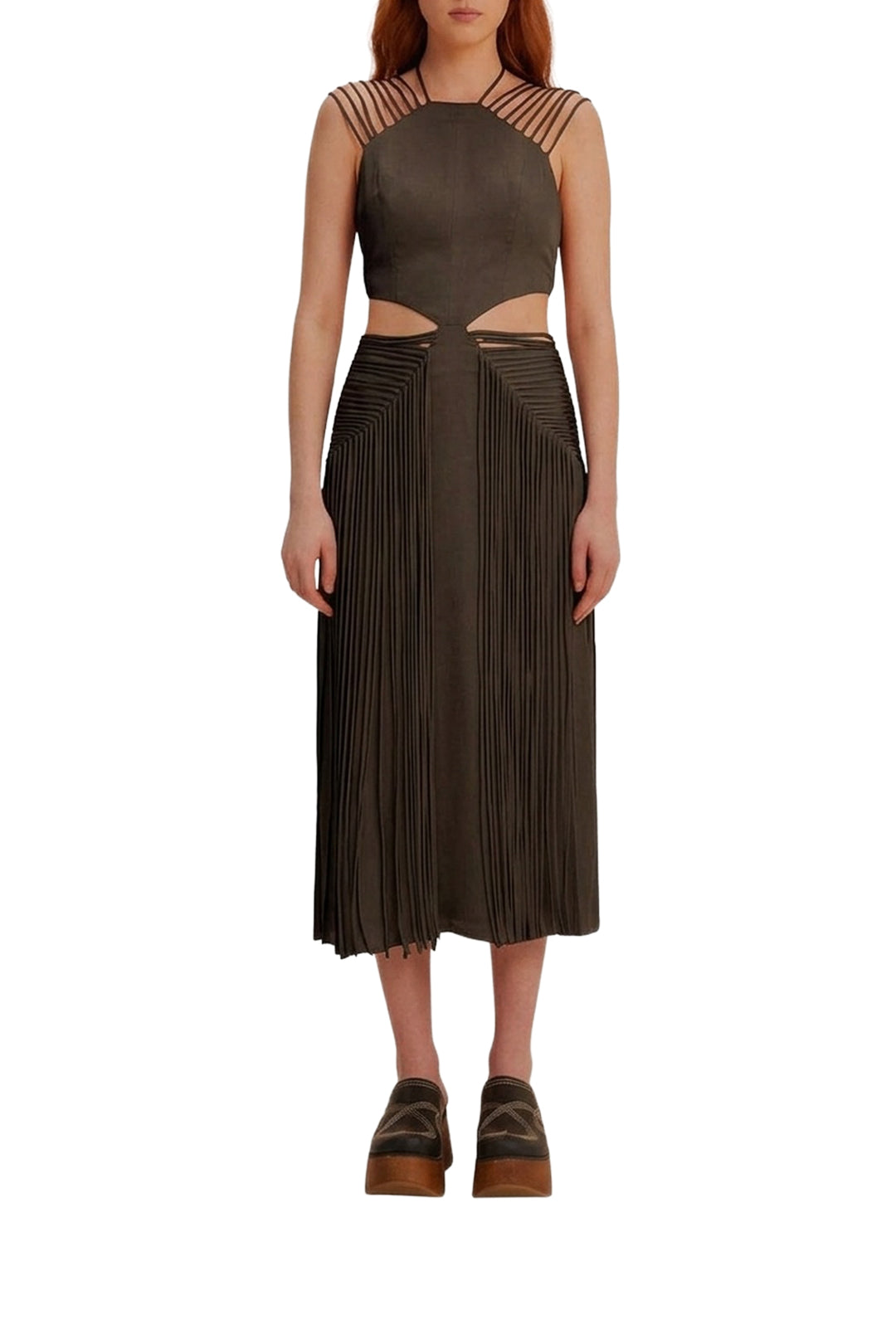 Midi dress with fringed straps - Brown