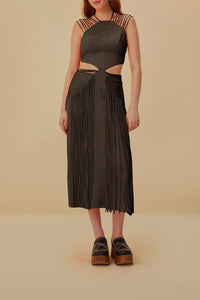 Midi dress with fringed straps - Brown