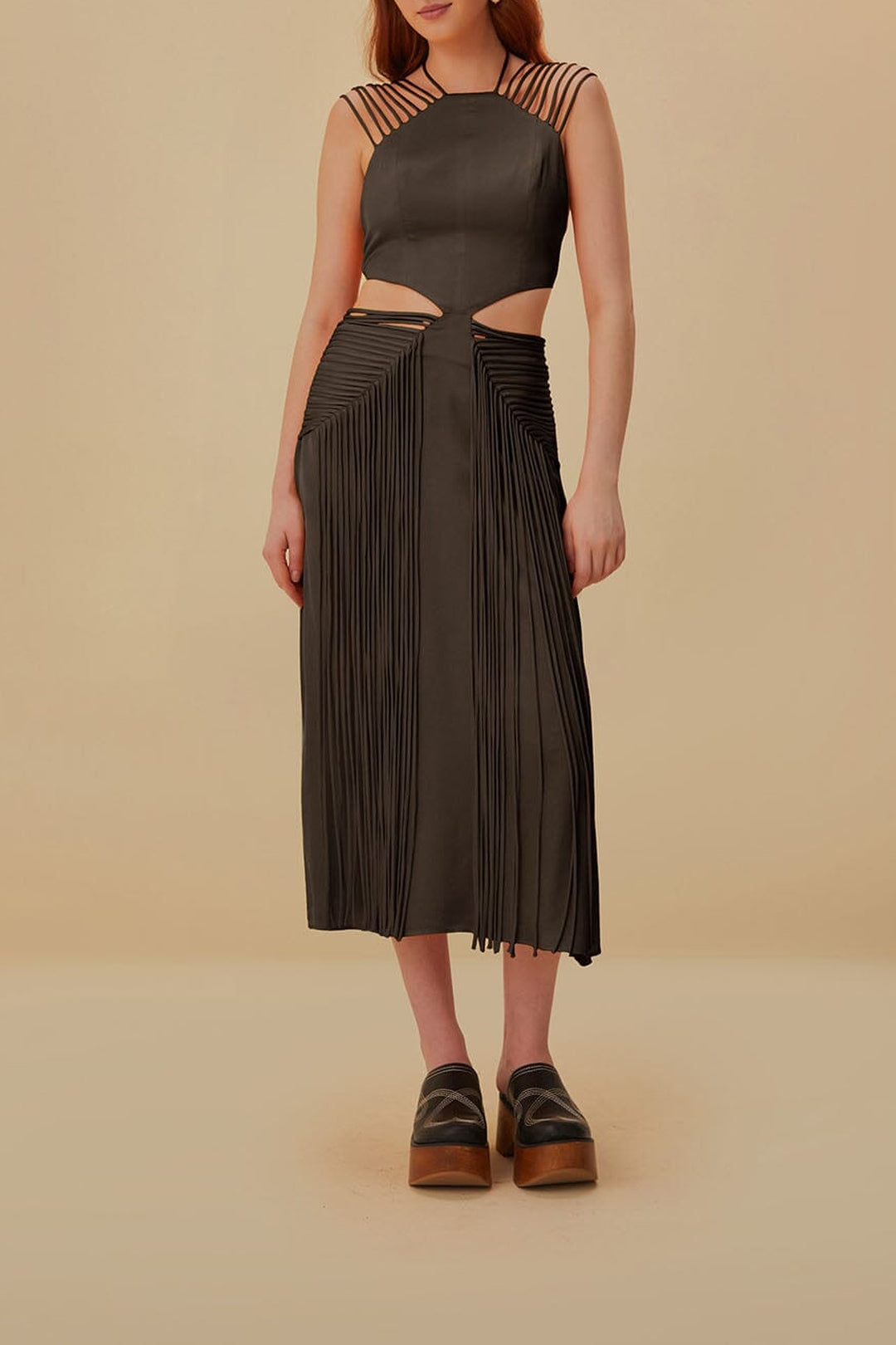 Midi dress with fringed straps - Brown