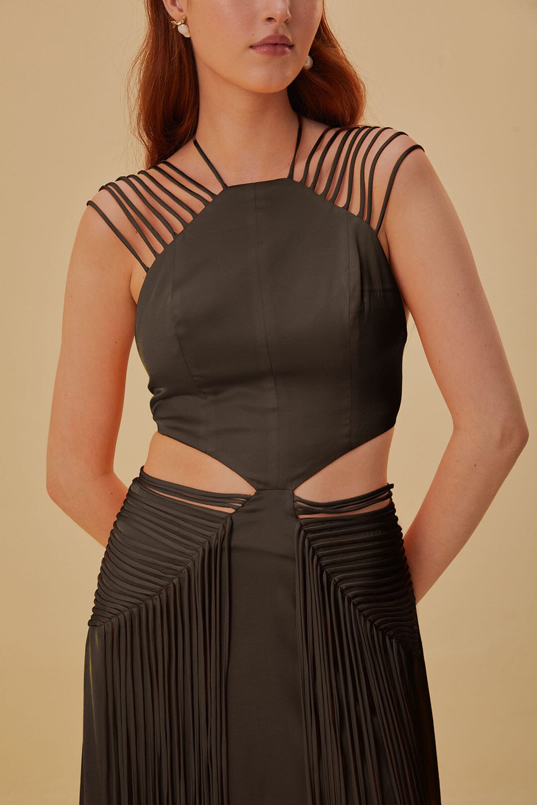 Midi dress with fringed straps - Brown