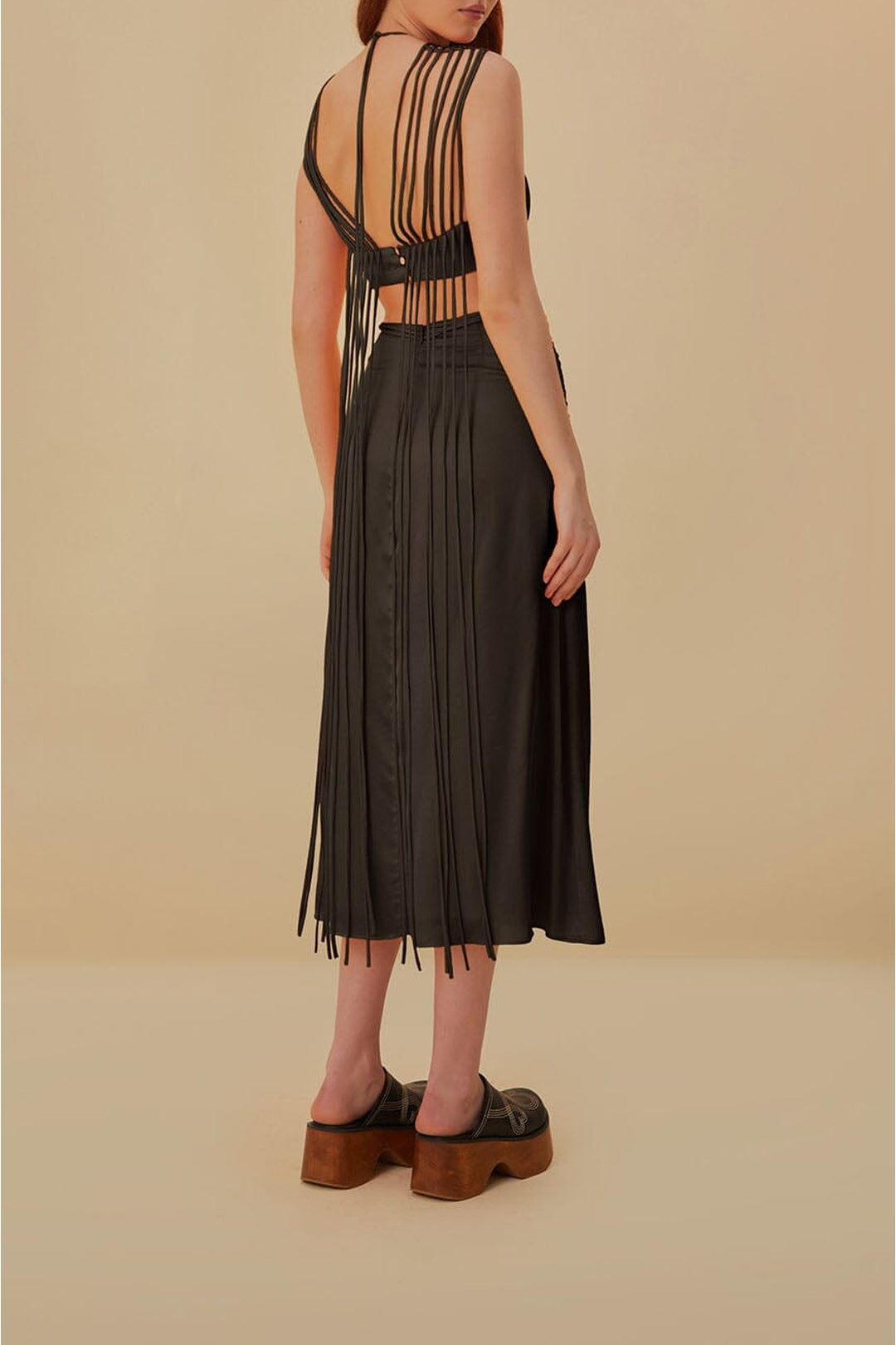 Midi dress with fringed straps - Brown