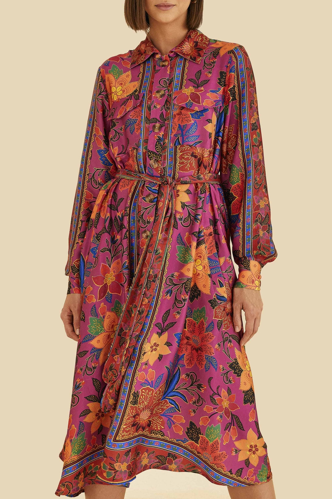 Robe midi chemise à manches longues - Rose