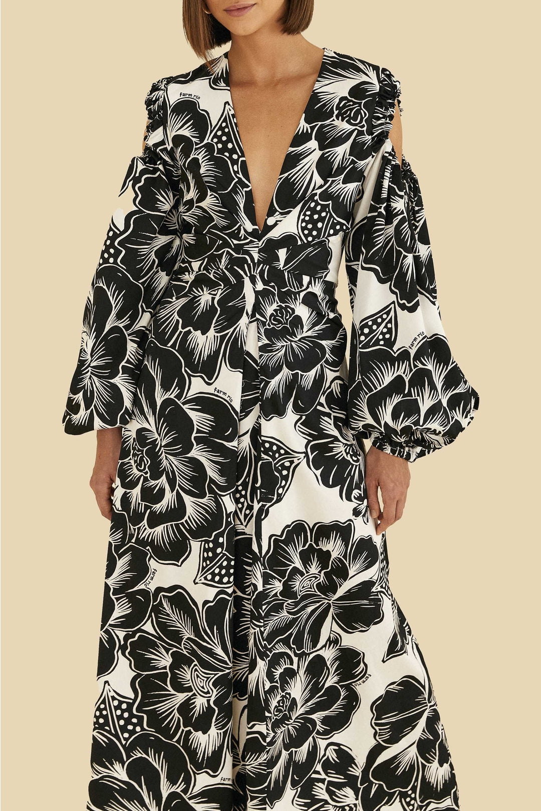 Robe longue Chita Woodcut à col V en coton - Blanc