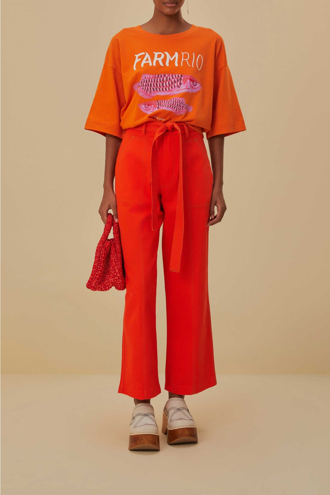 MEDIA OFF LINE_Pantalon large en coton - Rouge