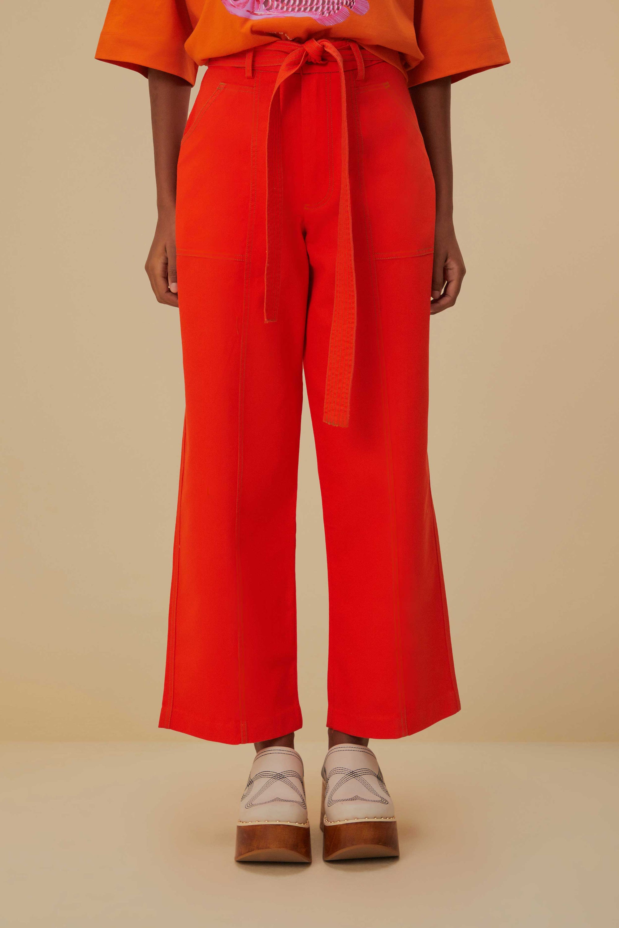 MEDIA OFF LINE_Pantalon large en coton - Rouge