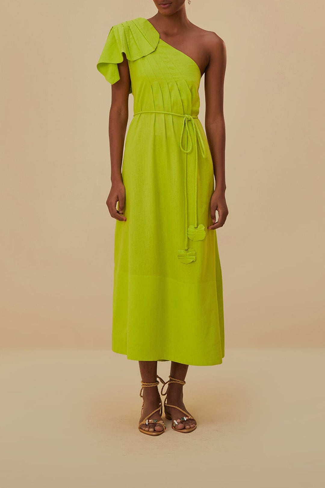 Robe longue asymétrique à motif feuilles en lin - Vert