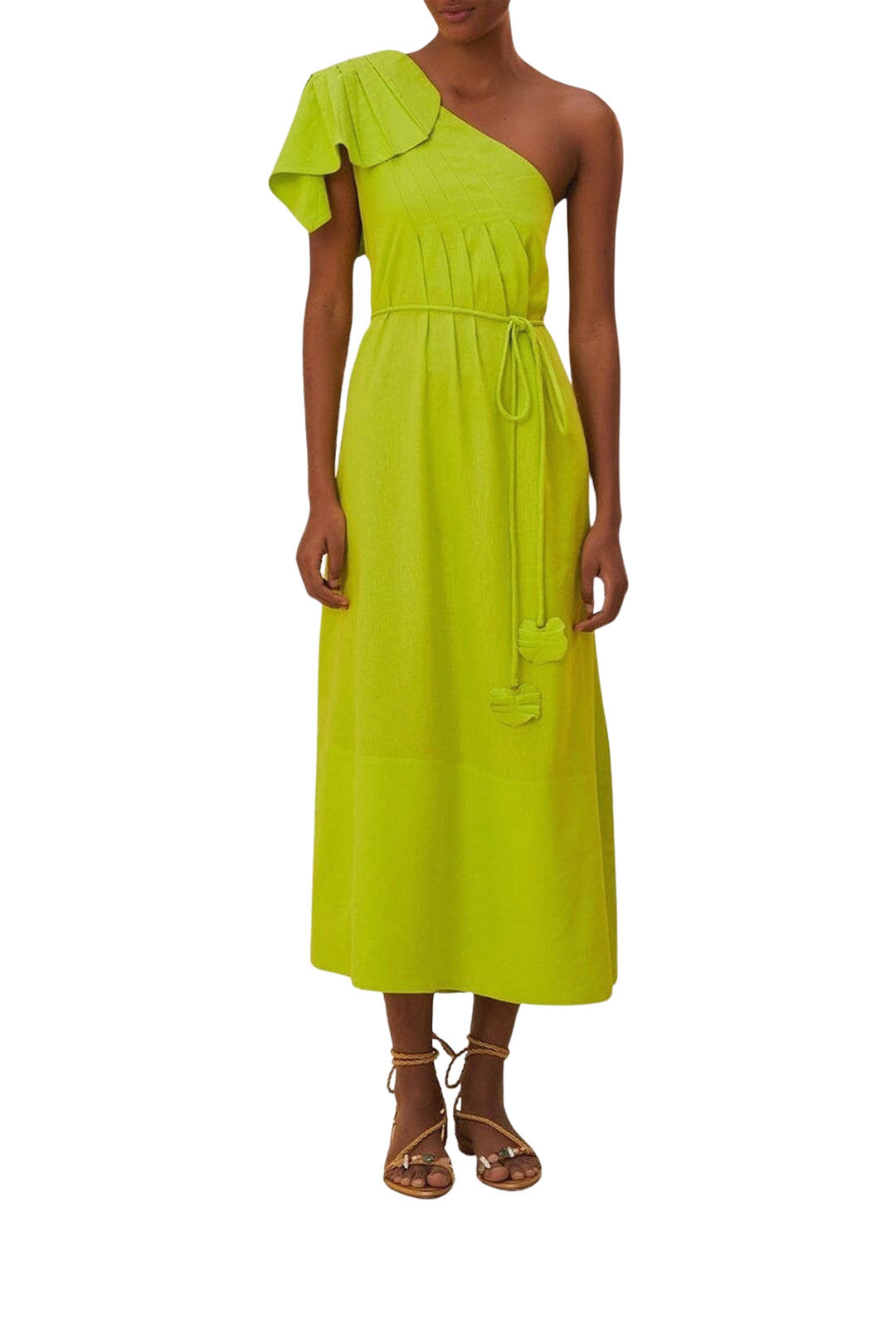 Robe longue asymétrique à motif feuilles en lin - Vert