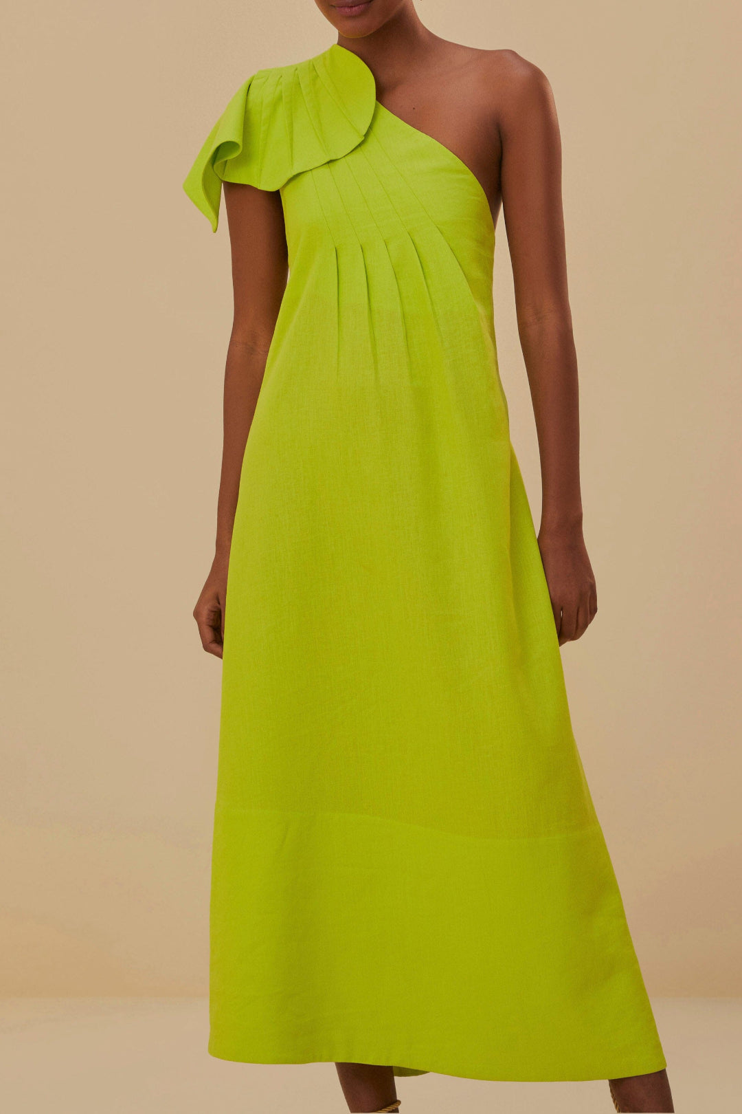 Robe longue asymétrique à motif feuilles en lin - Vert