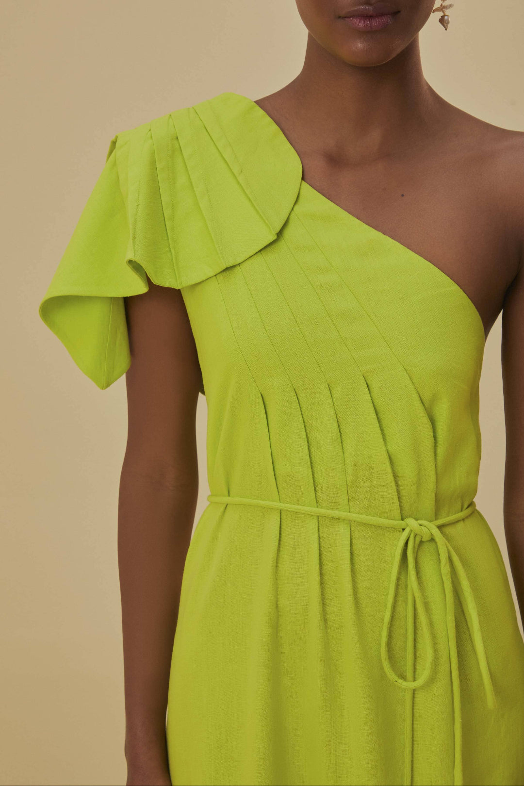 Robe longue asymétrique à motif feuilles en lin - Vert