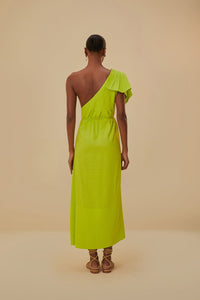 Robe longue asymétrique à motif feuilles en lin - Vert