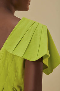 Robe longue asymétrique à motif feuilles en lin - Vert