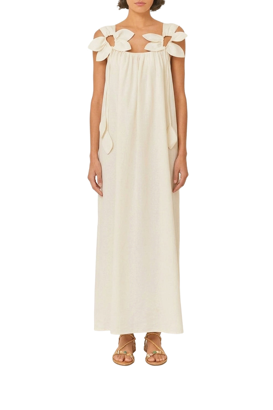 Robe longue White Floral à bretelles en lin - Blanc