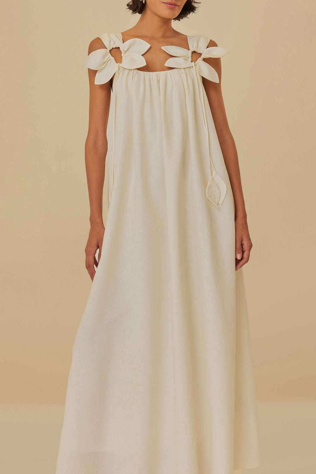 Robe longue White Floral à bretelles en lin - Blanc