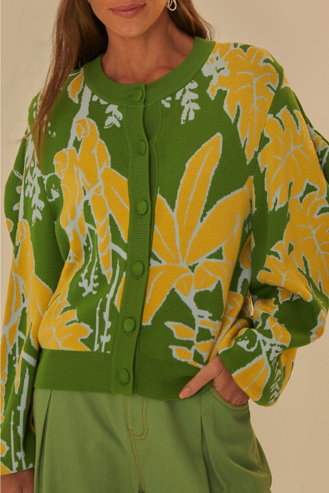 Cardigan Croquis de feuillage - Vert