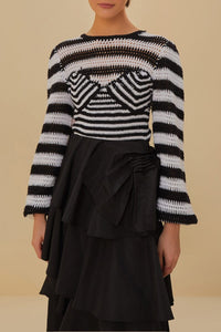 Pull à manches bouffantes à rayures en crochet - Noir