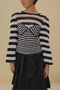 Pull à manches bouffantes à rayures en crochet - Noir