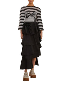 Pull à manches bouffantes à rayures en crochet - Noir