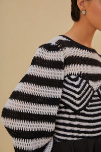 Pull à manches bouffantes à rayures en crochet - Noir