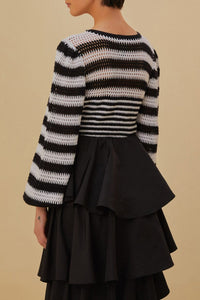 Pull à manches bouffantes à rayures en crochet - Noir