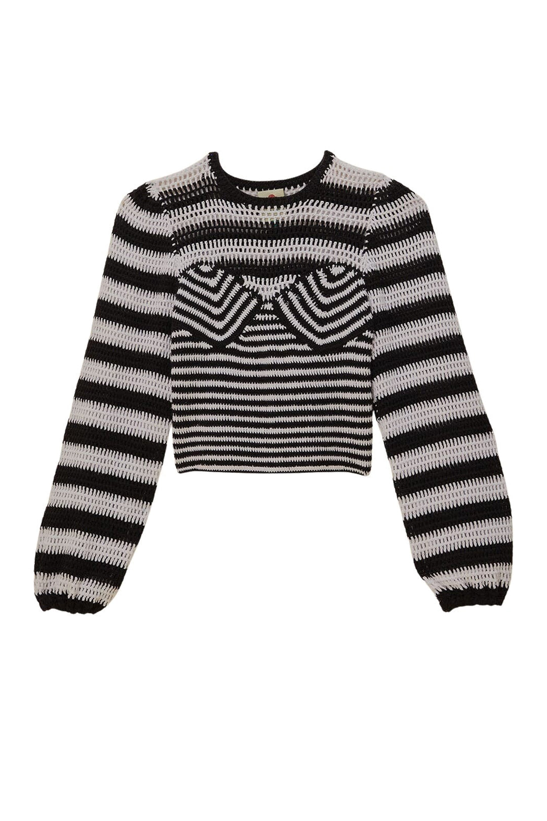 Pull à manches bouffantes à rayures en crochet - Noir