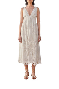 Robe midi à bretelles Richelieu en lin - Blanc