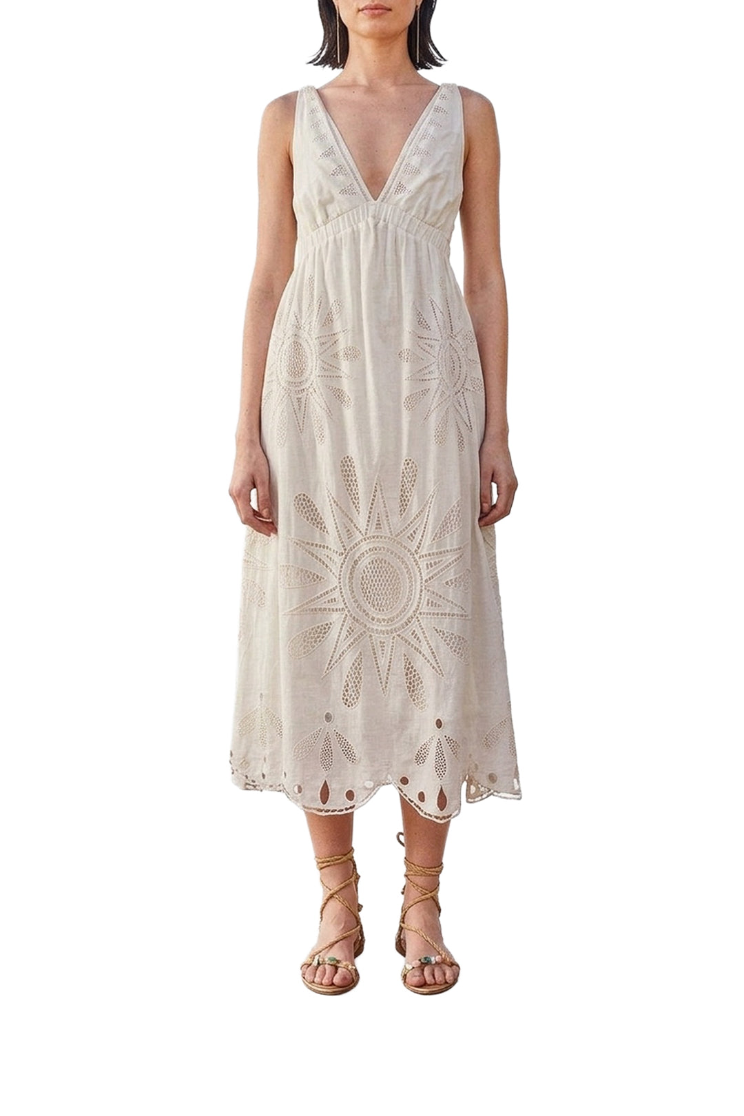 Robe midi à bretelles Richelieu en lin - Blanc