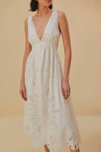 Robe midi à bretelles Richelieu en lin - Blanc