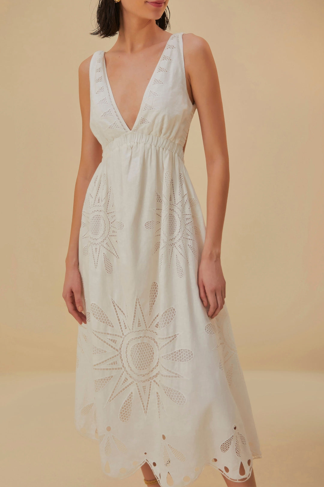 Robe midi à bretelles Richelieu en lin - Blanc