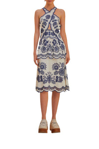 Robe midi Richelieu à découpes sans manches en lin - Blanc